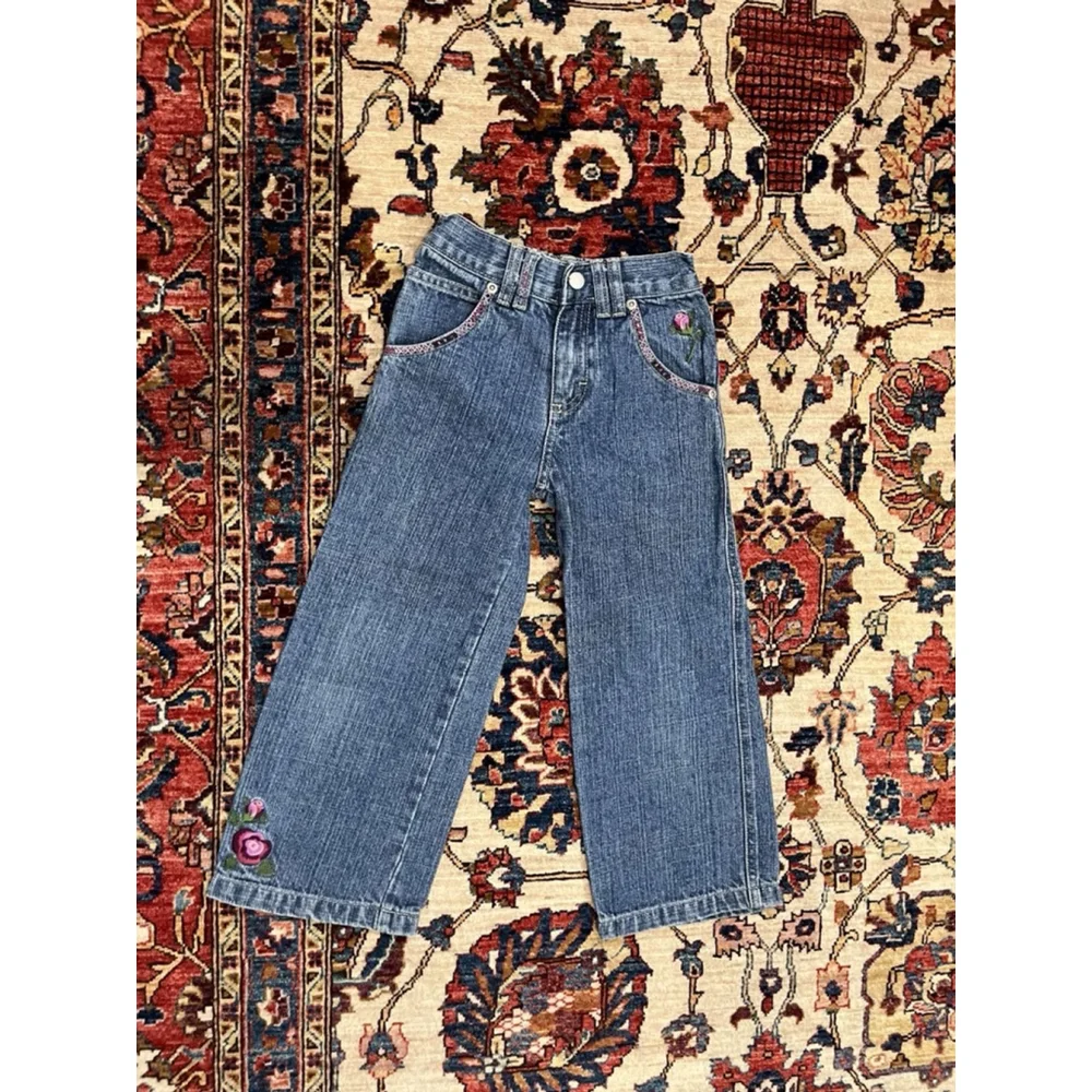 Vintage OshKosh Little Girl Floral Embroidered Wide Leg Stretch Jeans Size 5